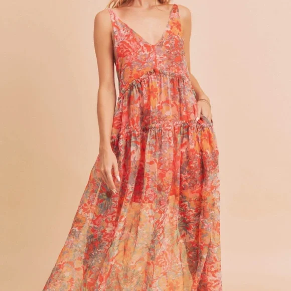 ❤️ AEMI AND CO “ Crimson” AEMI & CO. Floral Tiered Maxi Dress with Pockets BR52 - Picture 2 of 9